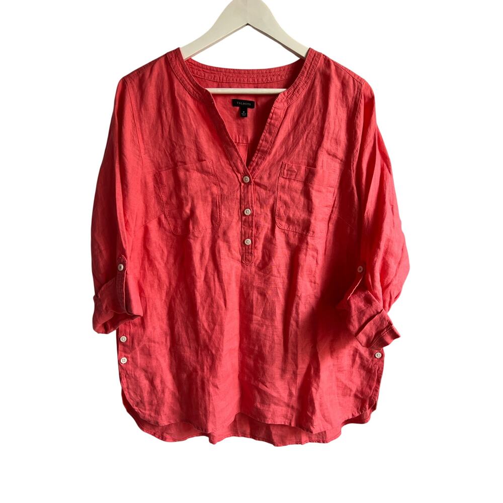 TALBOTS TOP WOMENS SIZE MEDIUM 100% LINEN V-NECK POPOVER CORAL TUNIC BLOUSE